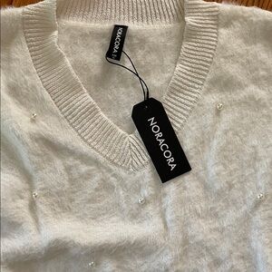 Noracora Women's White V-Neck Sweater with Pearl Accents